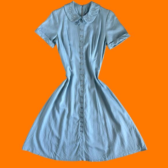 None and/or Unknown Dresses & Skirts - 50's 60's vintage dainty blue retro coquette embroidered a-line dress Size 11